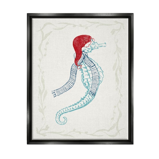 Stupell Industries Coastal Christmas Seahorse Santa Framed Floater Canvas Wall Art